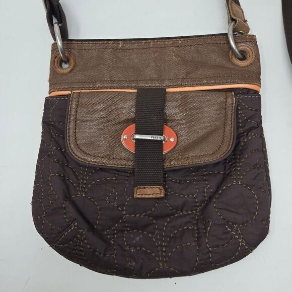 FOSSIL Brown Floral Quilted Leather Trim Crossbody Shoulder Bag Key-per Y2K - Picture 3 of 14